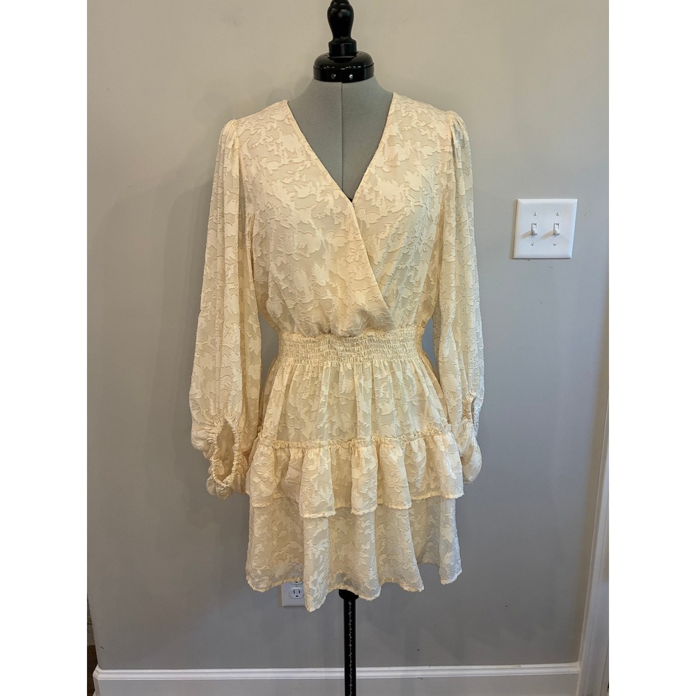 Peach Love California Cream Floral Jacquard Tiered Ruffle Mini Dress Medium